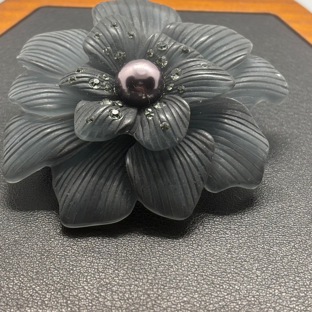Monet Vintage Gray Resin Flower Brooch Faux Pearl Rhinestone Pin